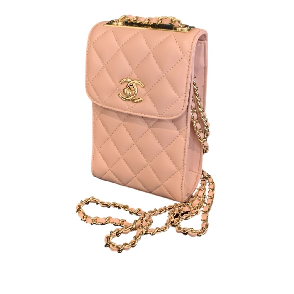 🆕 Chanel Style Peach Leather Pearl Crush Chain Phone Holder Bag 🆕 - Picture 2 of 14
